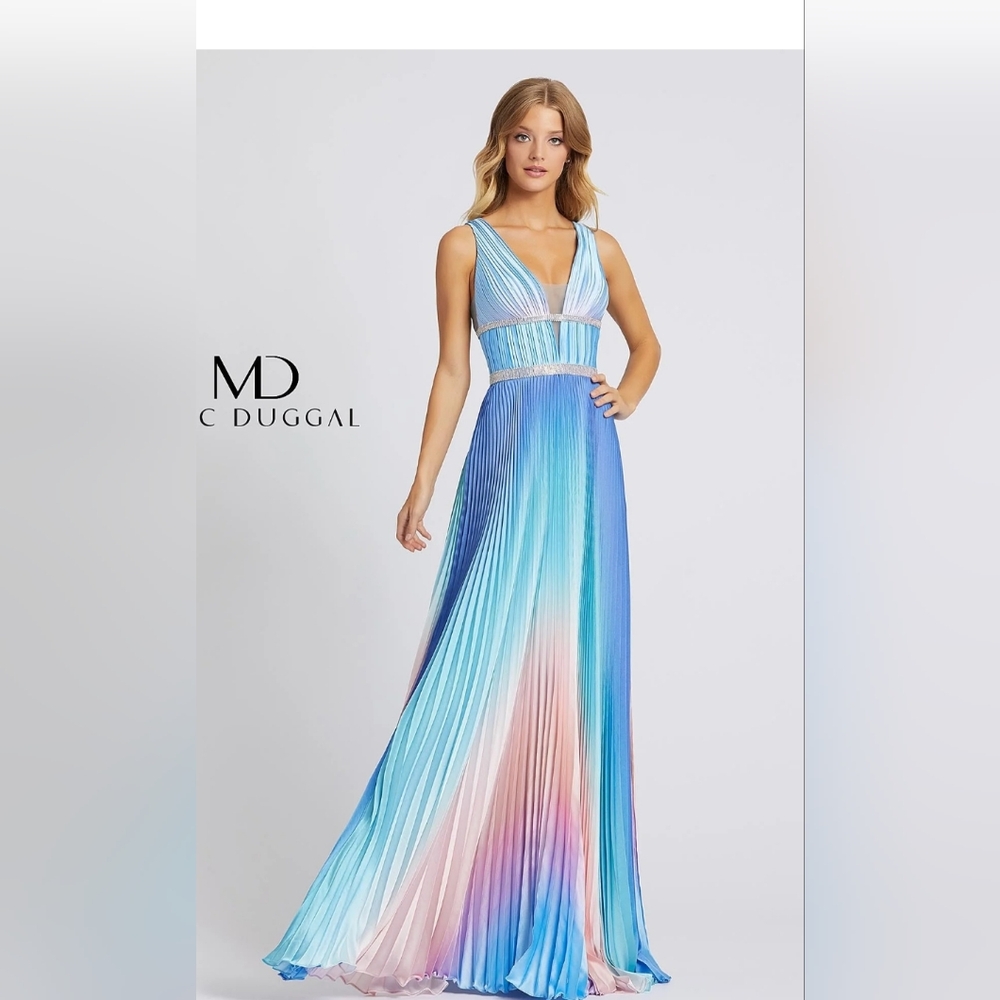 Mac Duggal Blue Cream Halter Maxi Dress